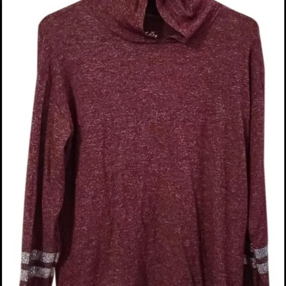 Justice heathered burgundy hooded top with silver glitter rings on sleeve